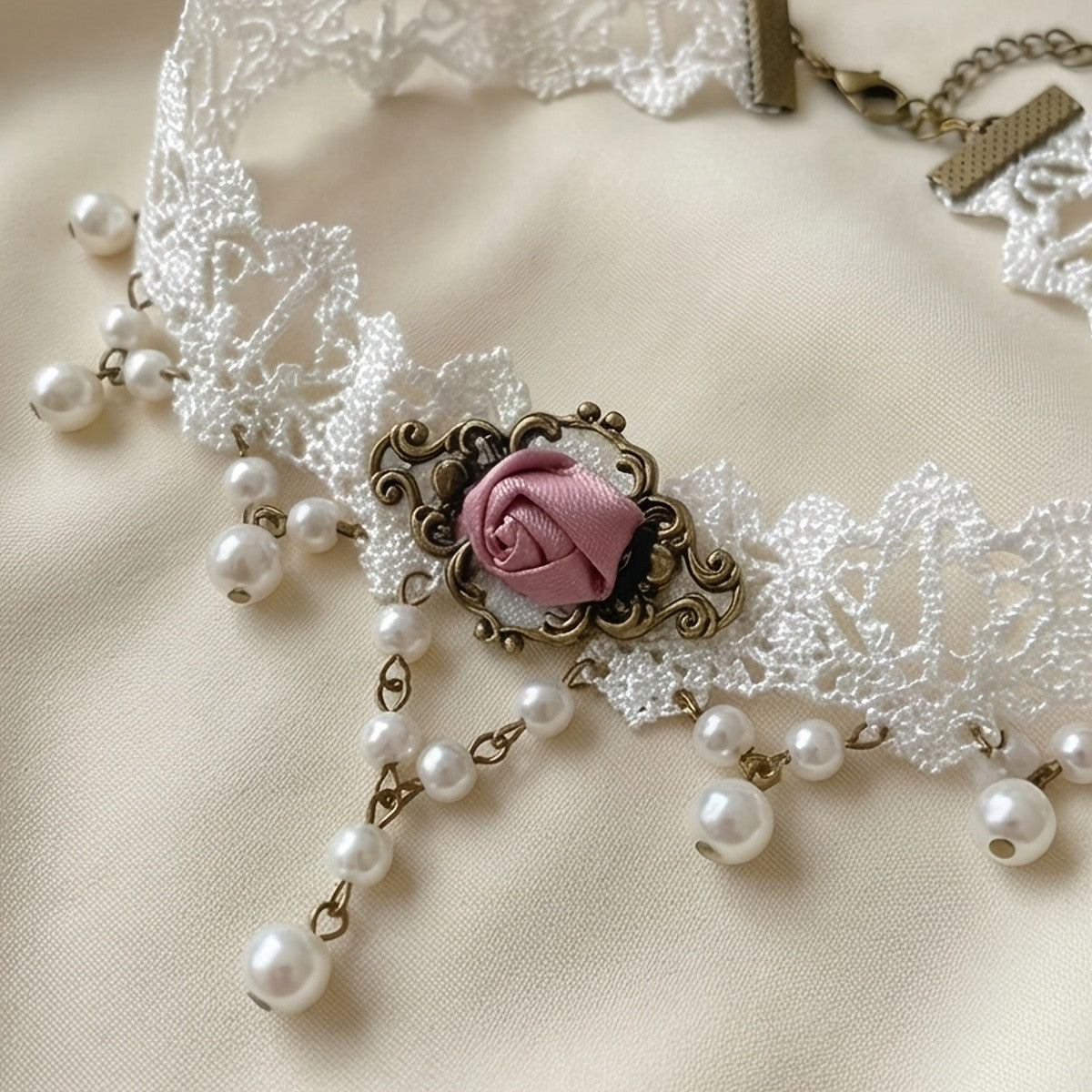 Romantic Lace Rose Pearl Choker Necklace