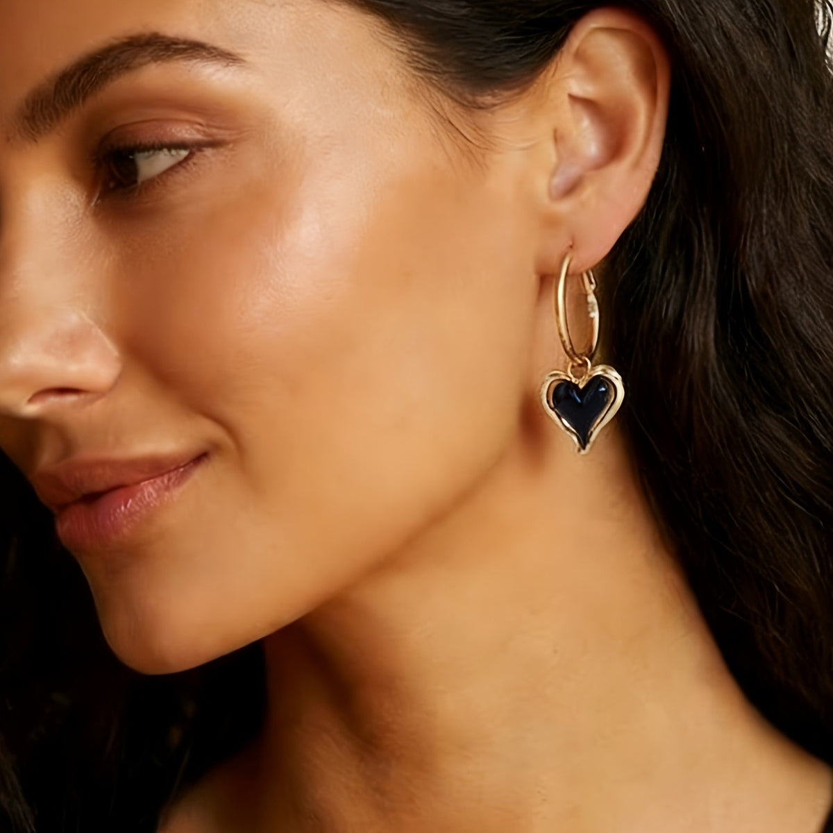 Elegant Black Enamel Heart Hoop Earrings