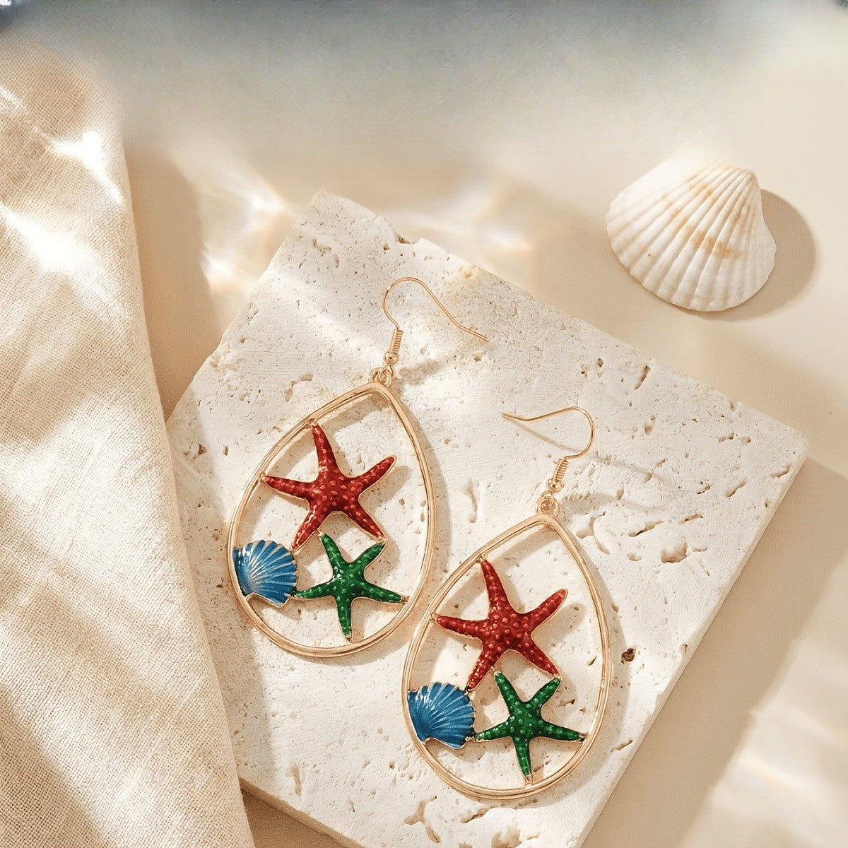 Boho Enamel Starfish Teardrop Earrings