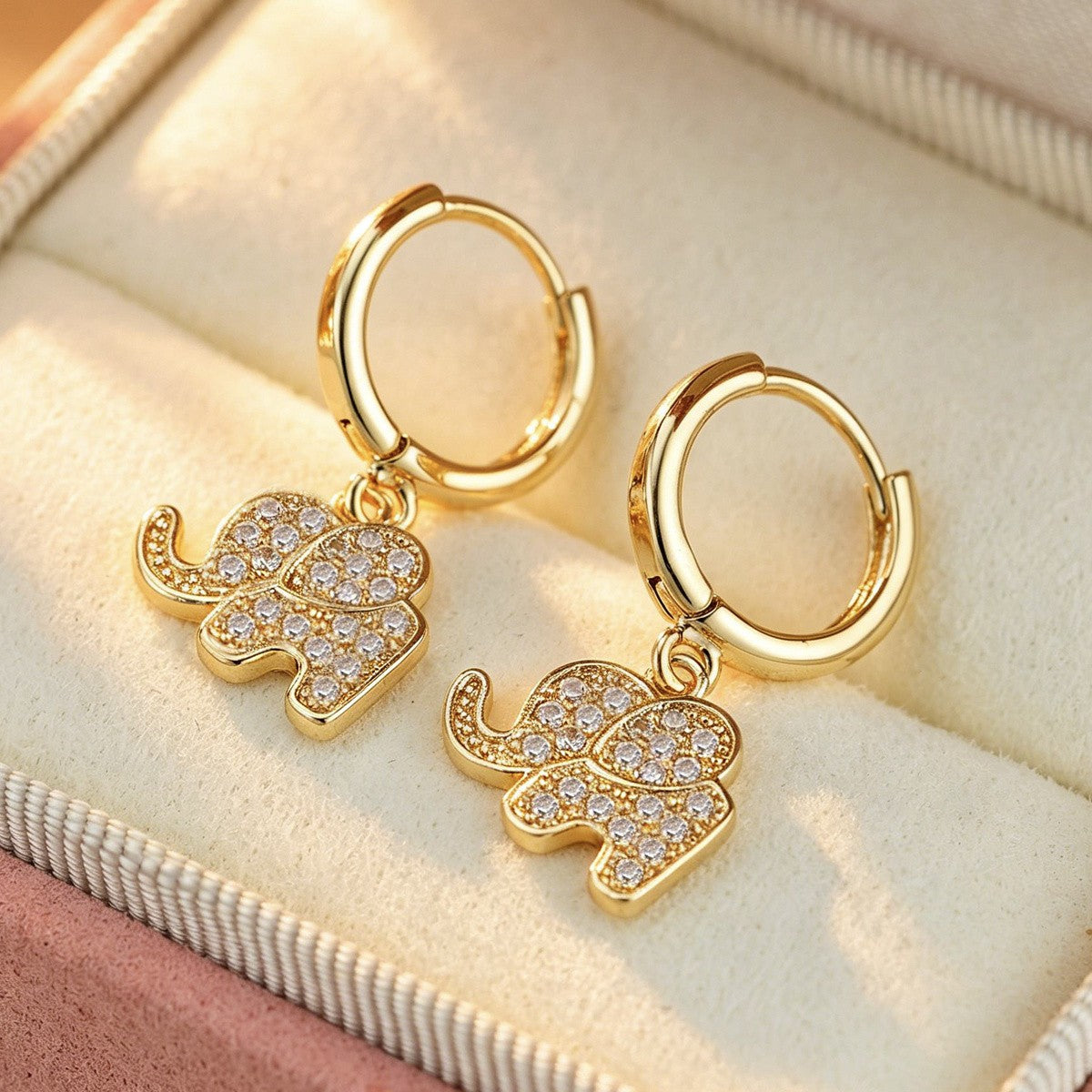 14k Dainty Zircon Elephant Hoop Earrings