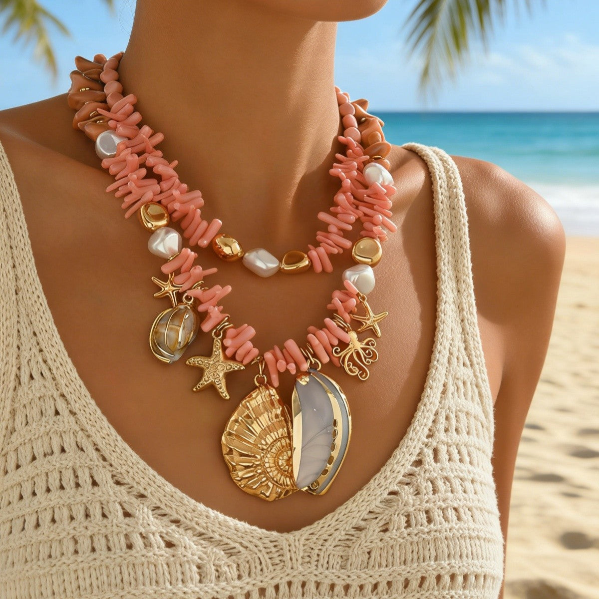 Boho Pink Coral & Shell Layered Necklace