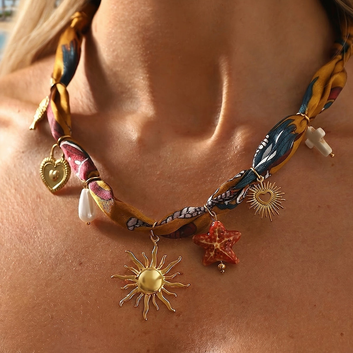 Boho Printed Scarf Sunburst Charm Necklace