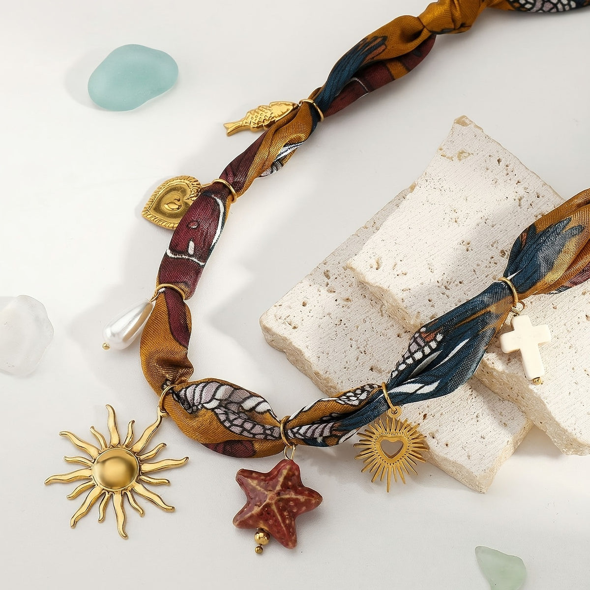 Boho Printed Scarf Sunburst Charm Necklace