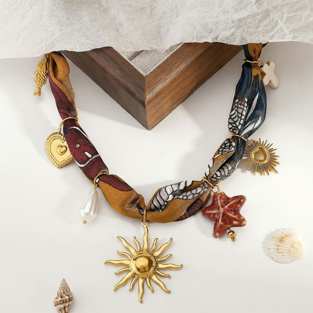 Boho Printed Scarf Sunburst Charm Necklace