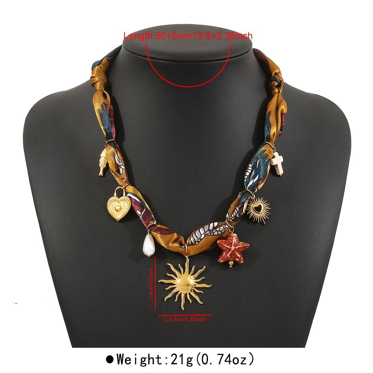 Boho Printed Scarf Sunburst Charm Necklace