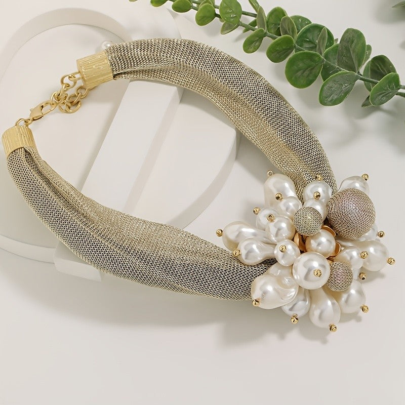 Elegant Faux Pearl Cluster Mesh Choker Necklace