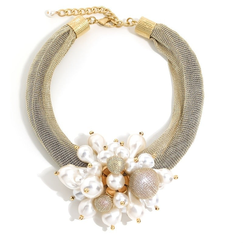 Elegant Faux Pearl Cluster Mesh Choker Necklace