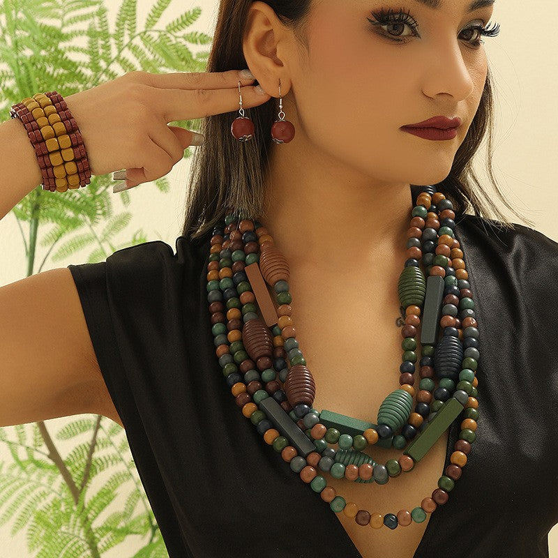 Vintage Boho Wood Bead Necklace, Bracelet & Earring Set