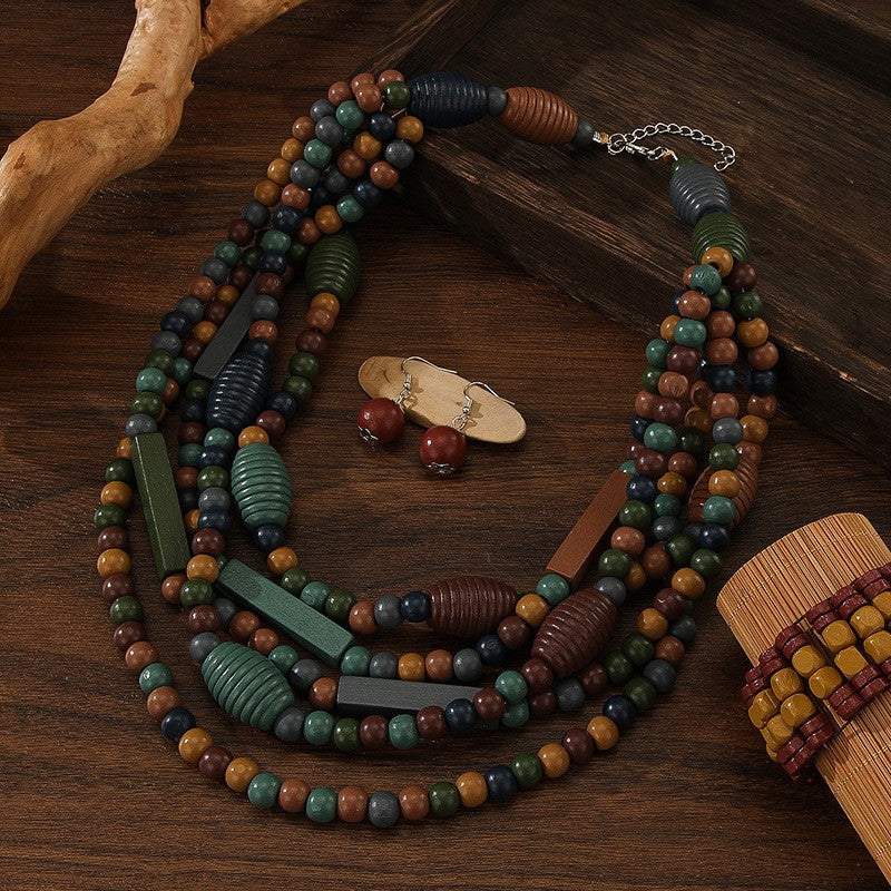 Vintage Boho Wood Bead Necklace, Bracelet & Earring Set