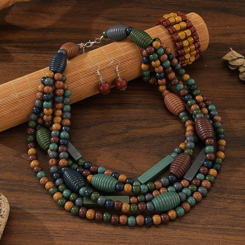 Vintage Boho Wood Bead Necklace, Bracelet & Earring Set