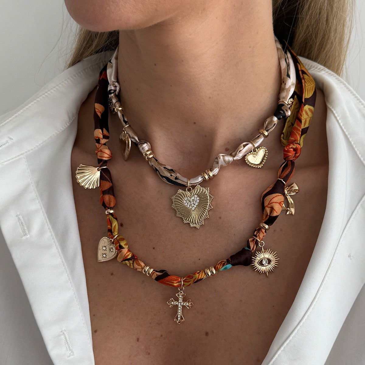 Boho Printed Scarf Heart Cross Necklace