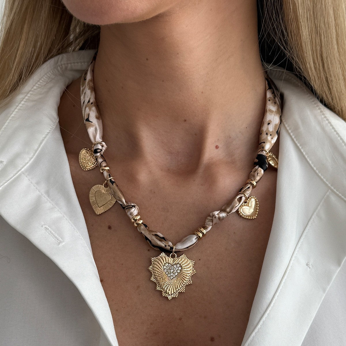 Boho Printed Scarf Heart Cross Necklace