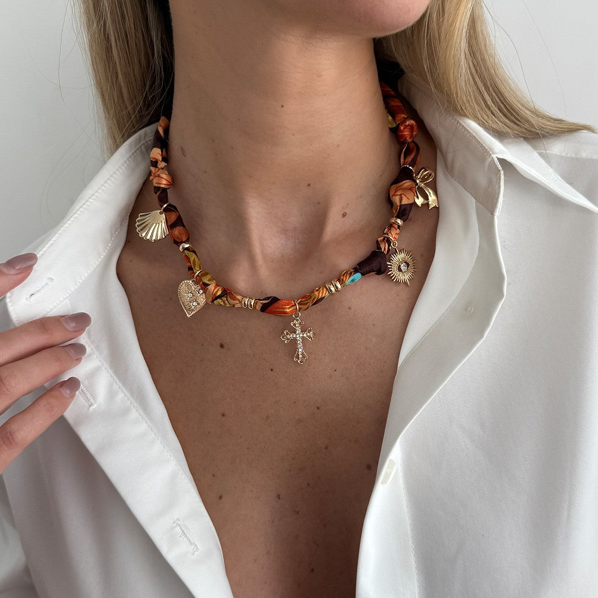 Boho Printed Scarf Heart Cross Necklace