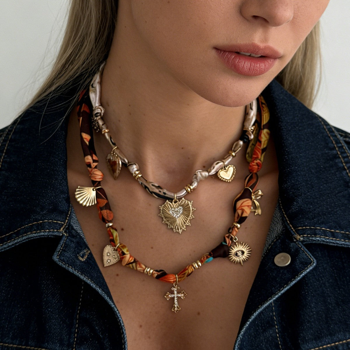 Boho Printed Scarf Heart Cross Necklace