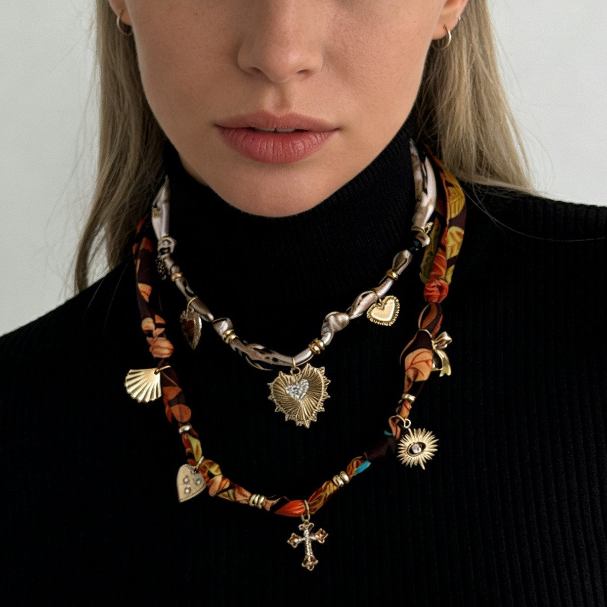 Boho Printed Scarf Heart Cross Necklace