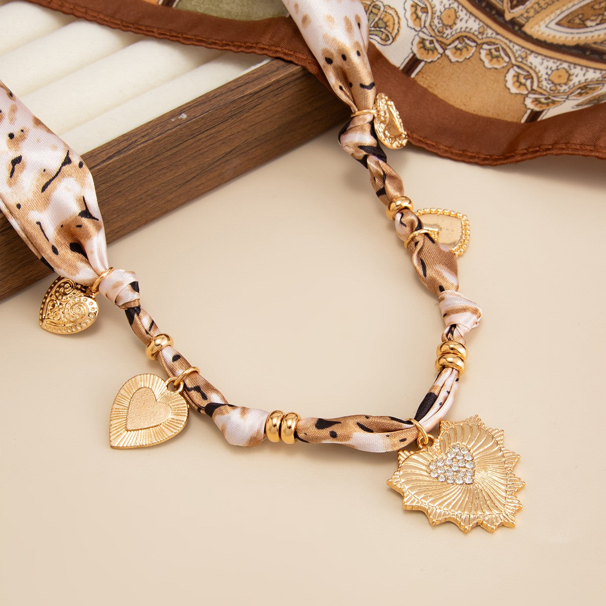 Boho Printed Scarf Heart Cross Necklace