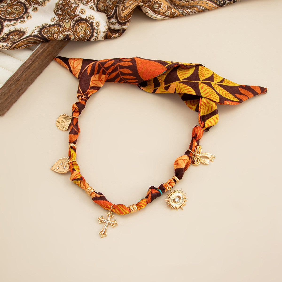 Boho Printed Scarf Heart Cross Necklace