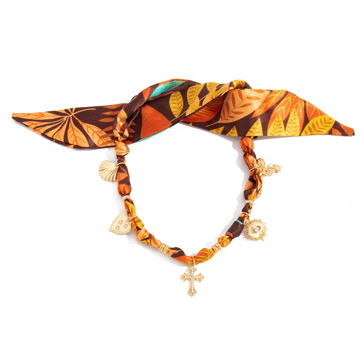 Boho Printed Scarf Heart Cross Necklace