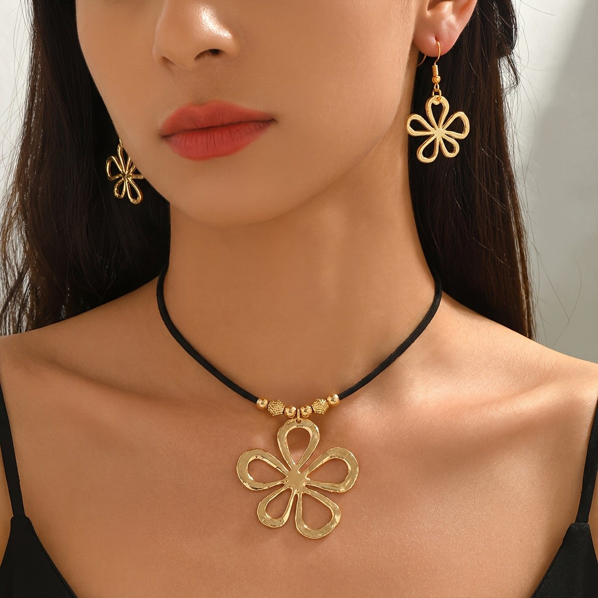 Elegant Hollow Flower Cord Necklace & Earring Set