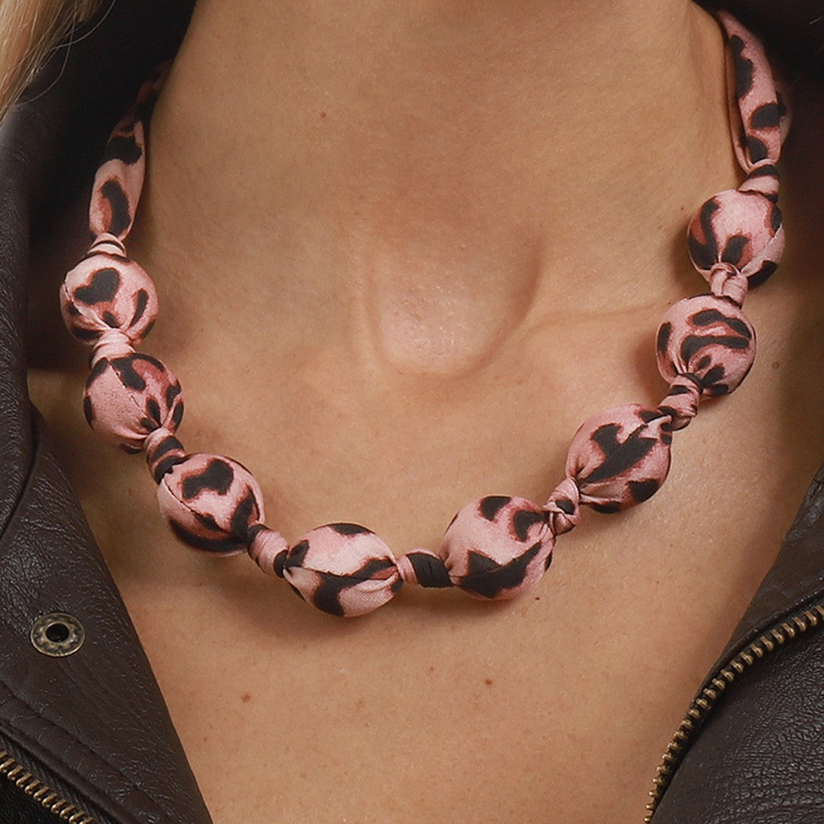 Boho Pink Leopard Ribbon Knot Necklace