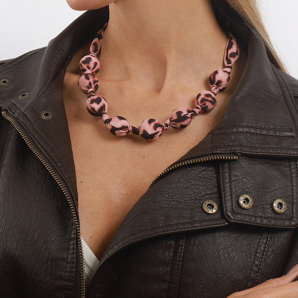 Boho Pink Leopard Ribbon Knot Necklace