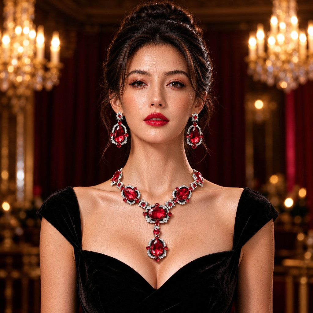 Elegant Red Crystal Necklace & Earring Set