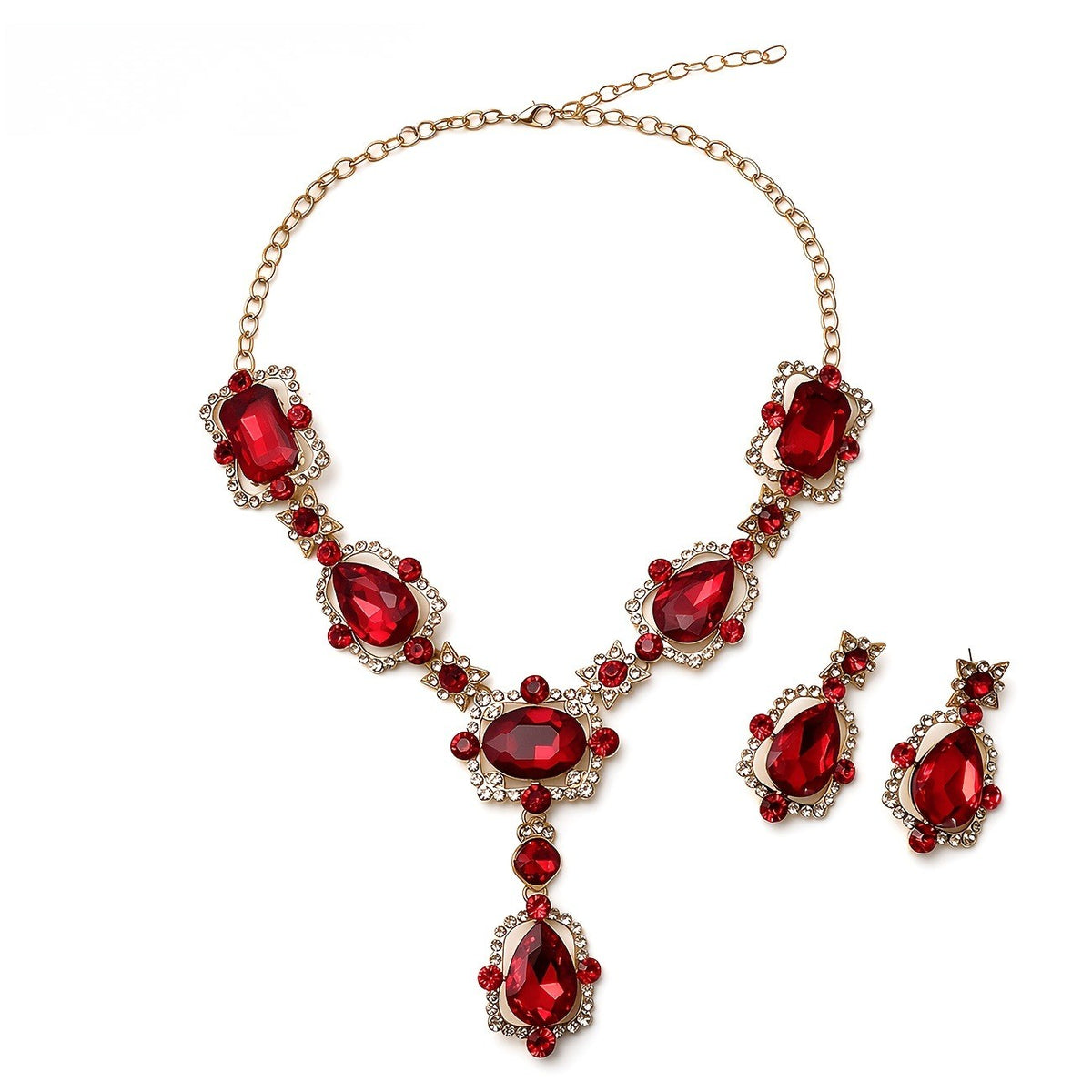 Elegant Red Crystal Necklace & Earring Set
