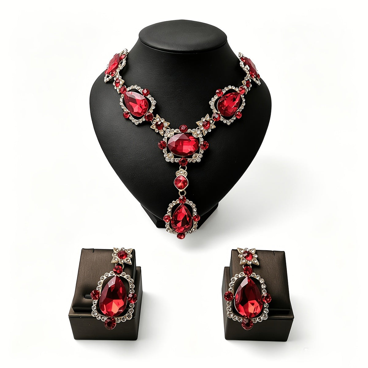Elegant Red Crystal Necklace & Earring Set