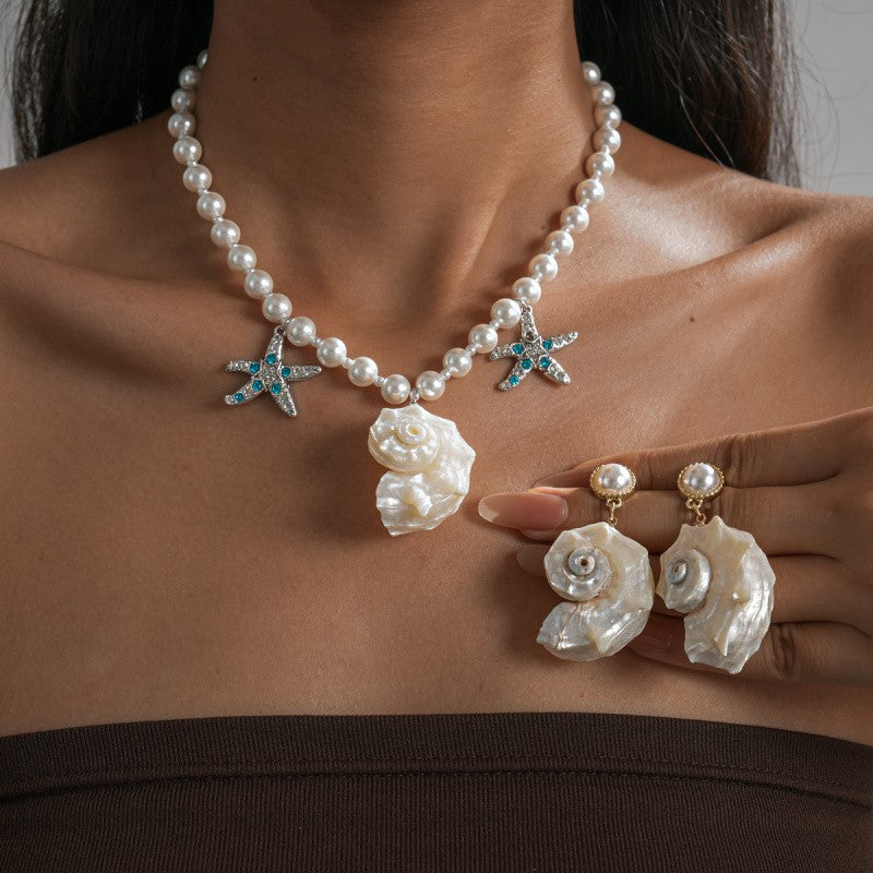 Boho Pearl Starfish Shell Necklace & Earring Set