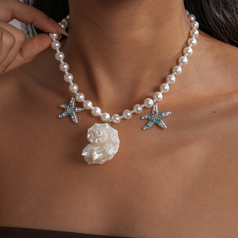 Boho Pearl Starfish Shell Necklace & Earring Set