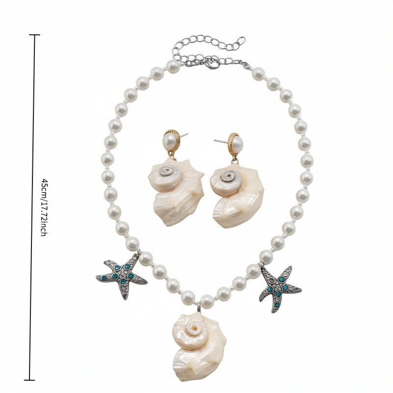 Boho Pearl Starfish Shell Necklace & Earring Set