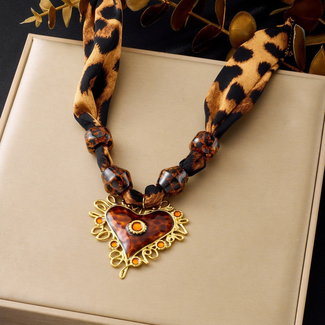 Boho Leopard Print Scarf Heart Necklace