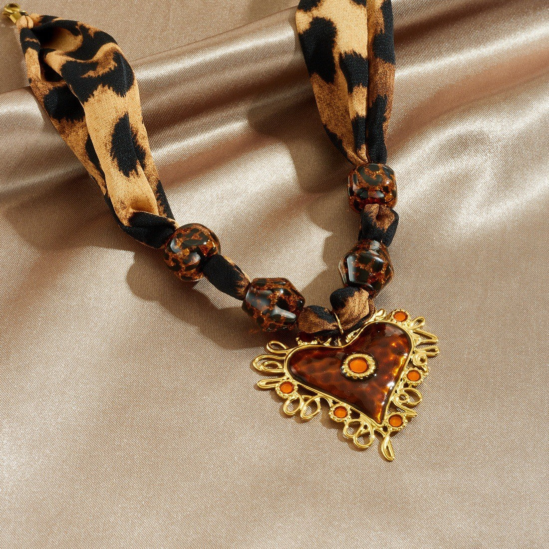 Boho Leopard Print Scarf Heart Necklace