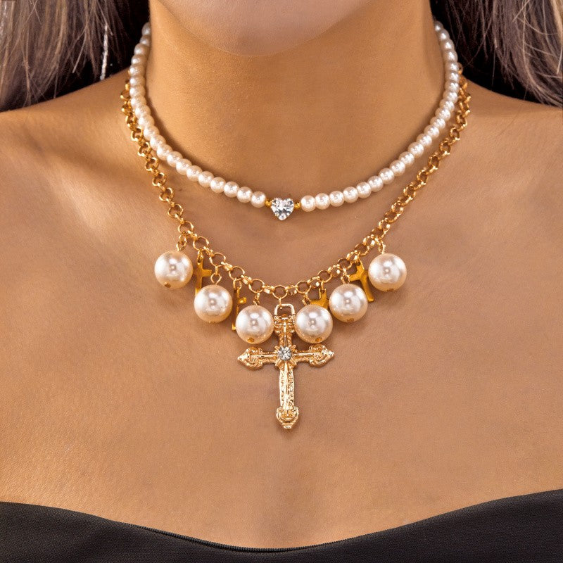 Elegant Layered Pearl & Cross Necklace Set