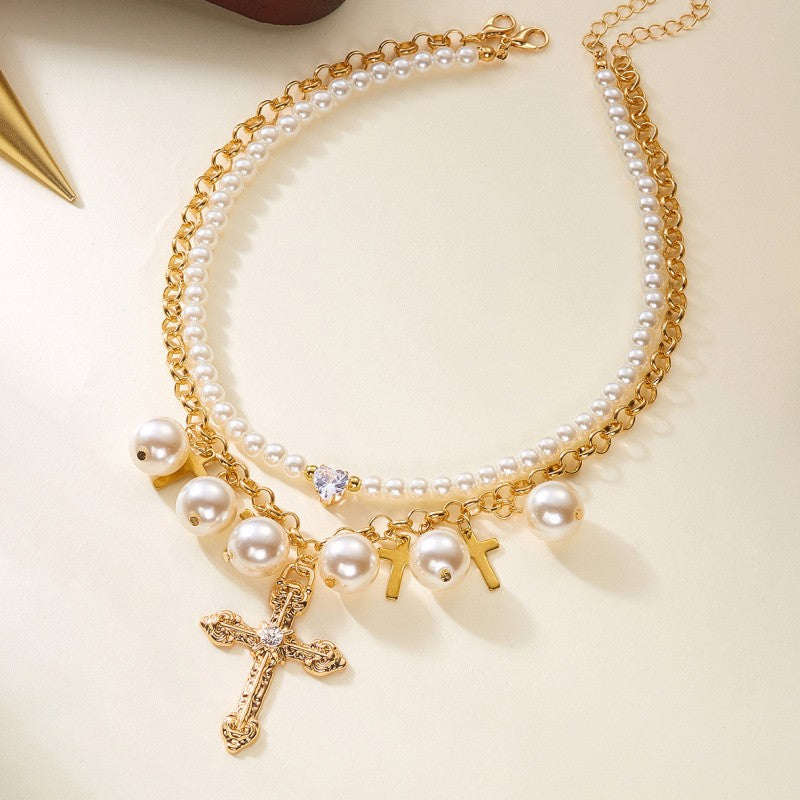 Elegant Layered Pearl & Cross Necklace Set
