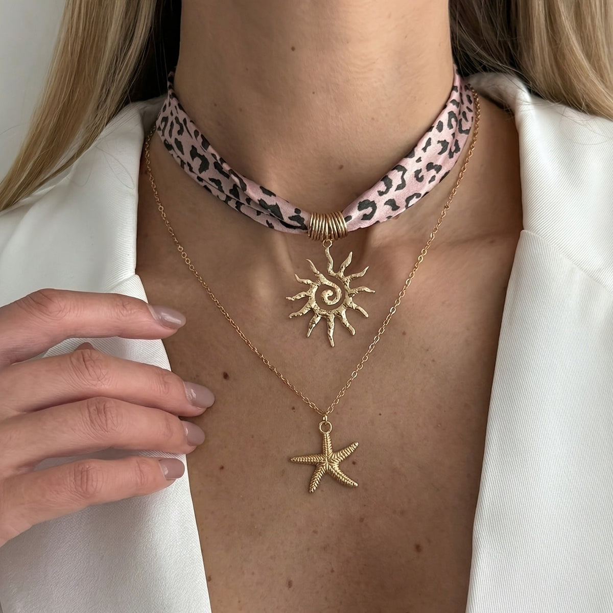 Boho Pink Leopard Sun & Star Necklace Set