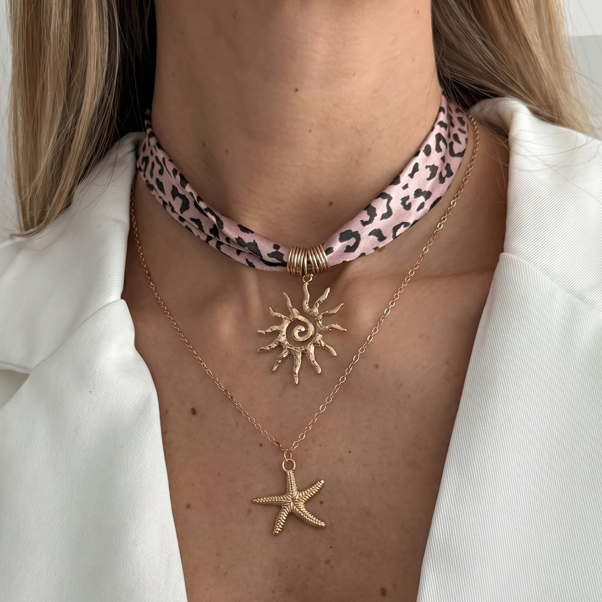 Boho Pink Leopard Sun & Star Necklace Set