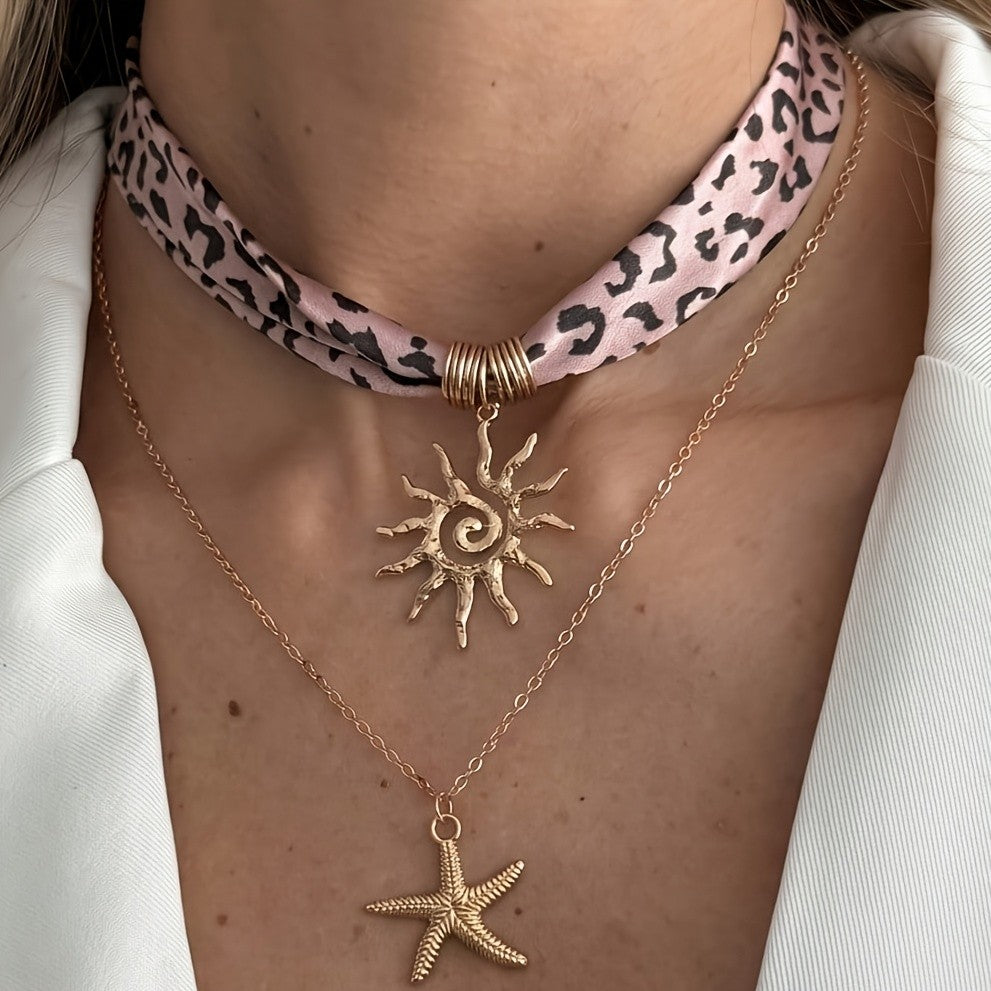 Boho Pink Leopard Sun & Star Necklace Set