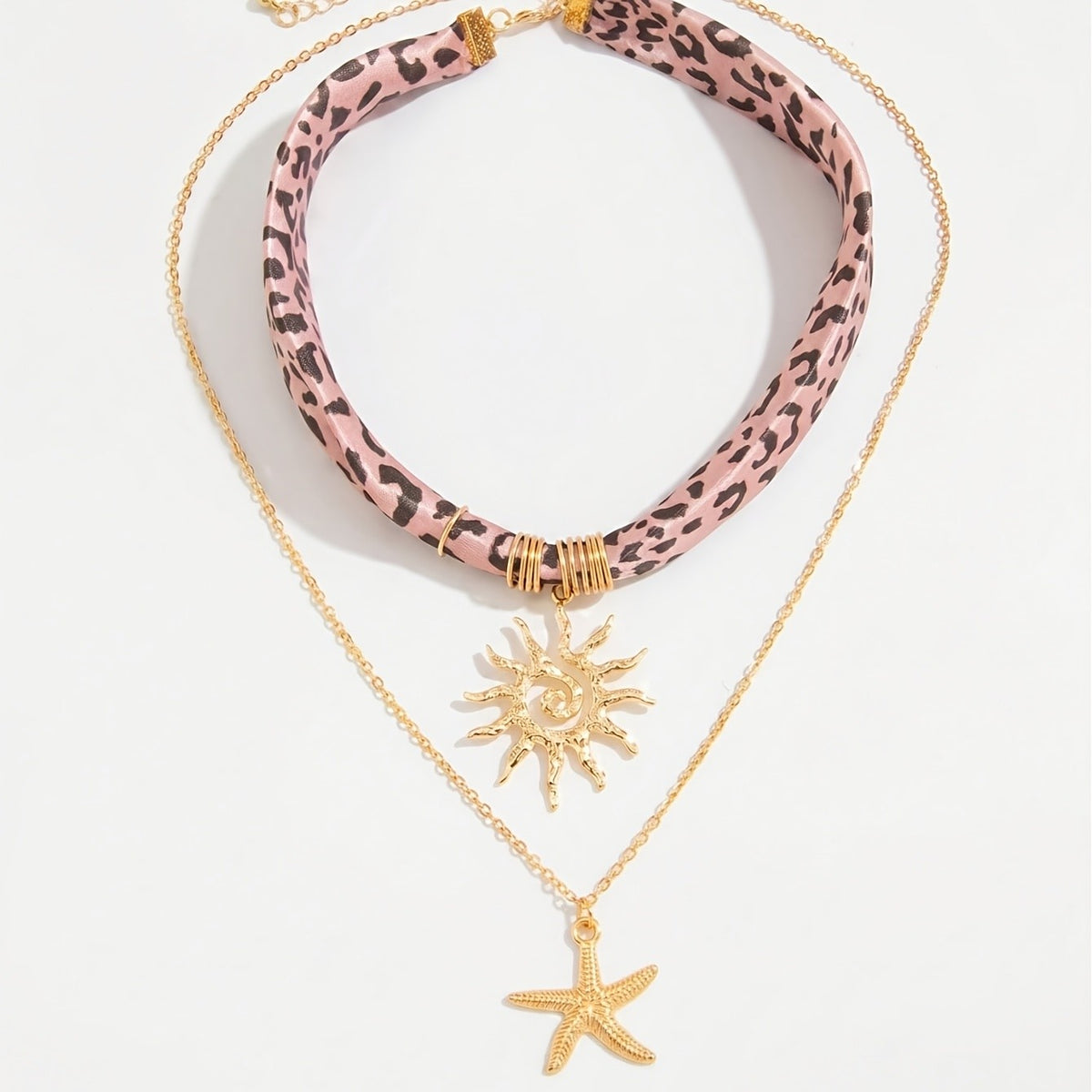 Boho Pink Leopard Sun & Star Necklace Set