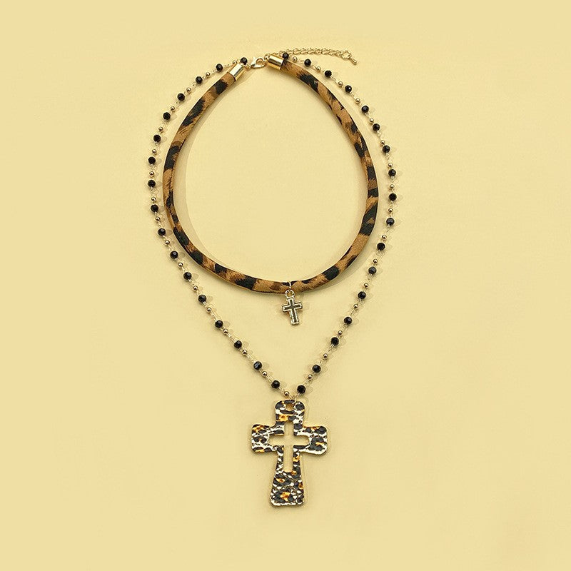 Boho Leopard Print Cross Necklace Set