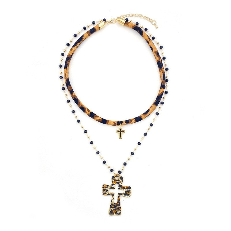 Boho Leopard Print Cross Necklace Set