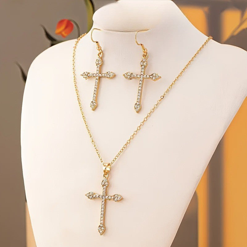 14k Elegant Cross Pendant Necklace & Earring Set