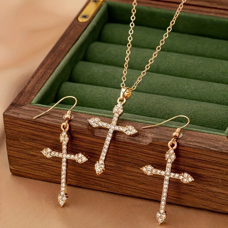 14k Elegant Cross Pendant Necklace & Earring Set