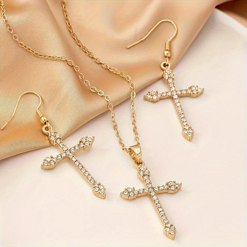 14k Elegant Cross Pendant Necklace & Earring Set