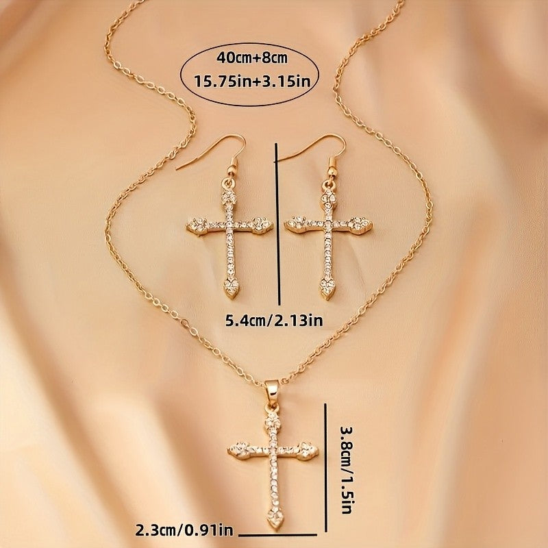 14k Elegant Cross Pendant Necklace & Earring Set