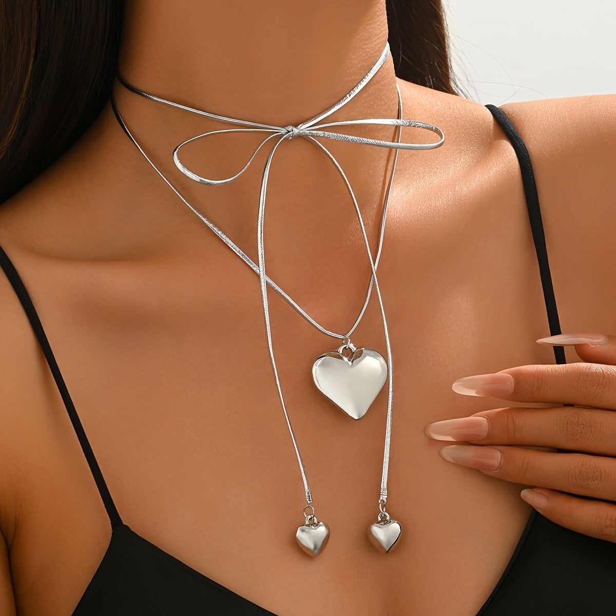 Romantic Adjustable Bow Heart Lariat Necklace