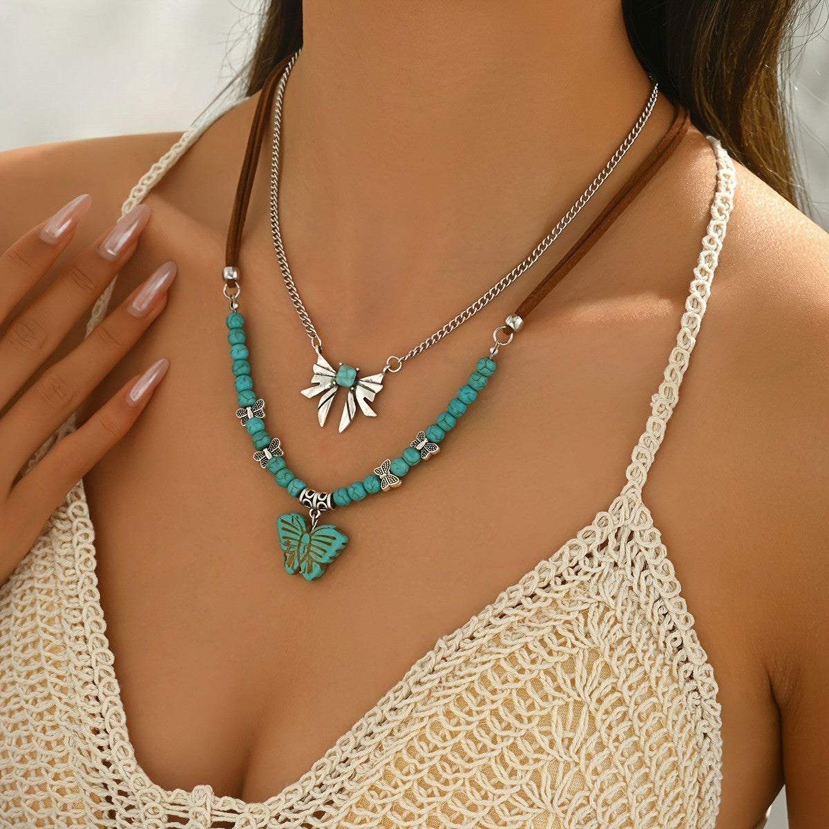2pc Boho Turquoise Butterfly Layered Necklace