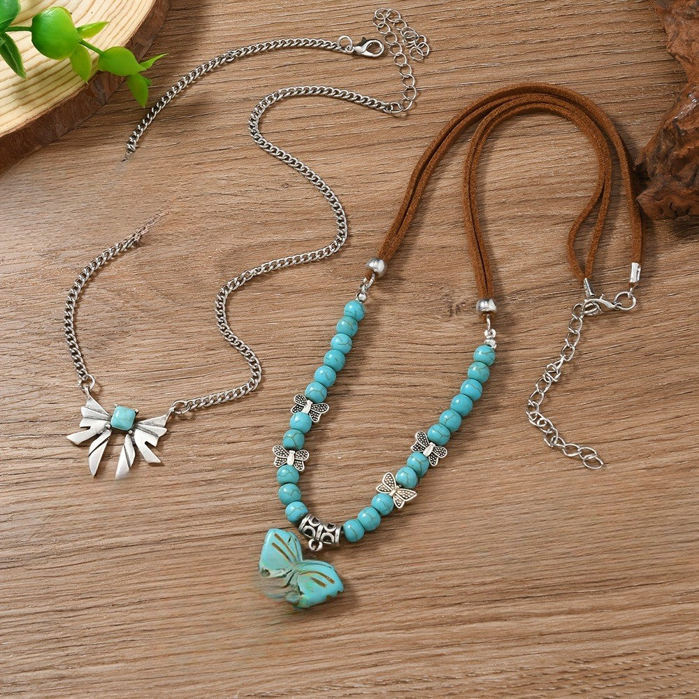 2pc Boho Turquoise Butterfly Layered Necklace