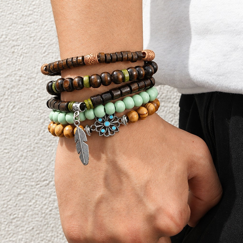 15pc Boho Vintage Wood Bead Bracelet Set