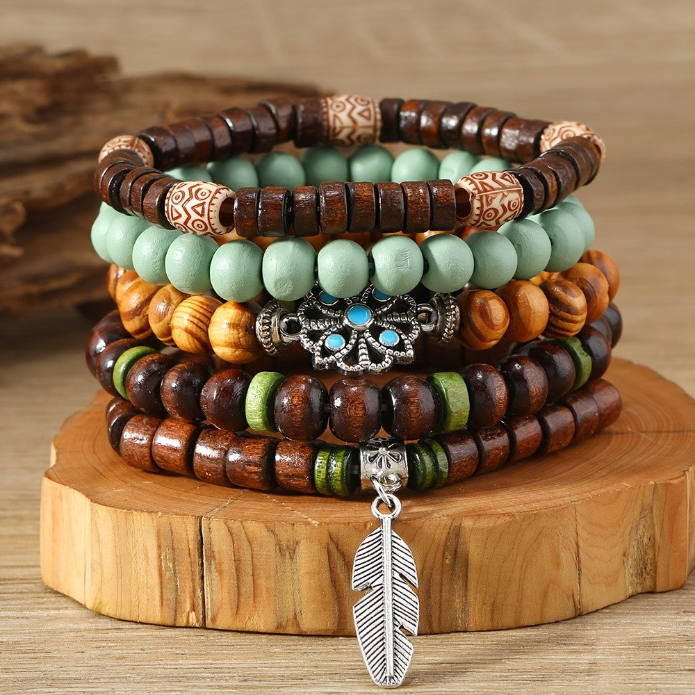 15pc Boho Vintage Wood Bead Bracelet Set